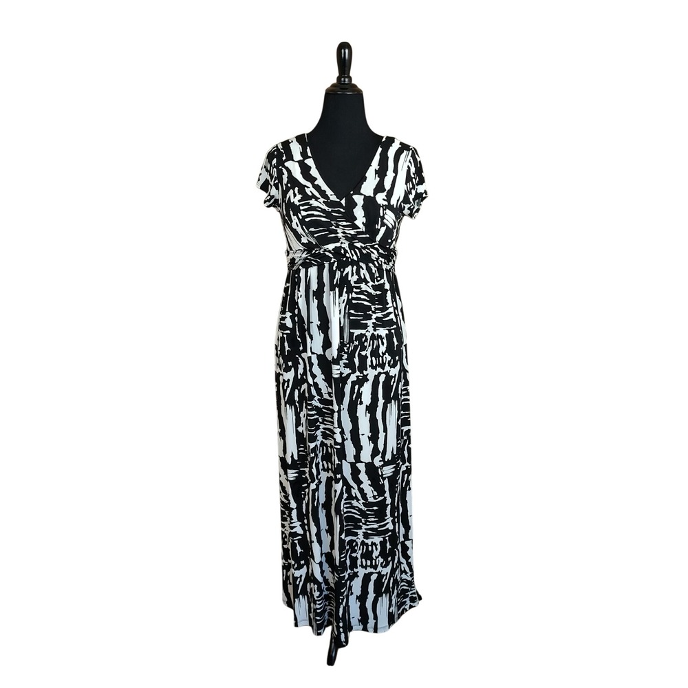 AGB Dress Petite 14P Black White Abstract Brushstroke Maxi Dress V-Neck Tie Back